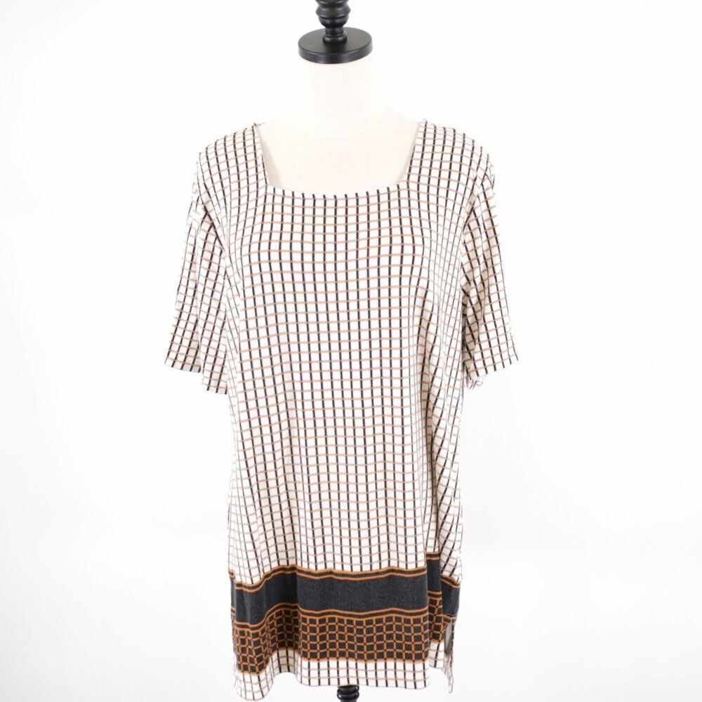 Liz Claiborne Large White Brown Check Blouse Shirt Top Short Sleeve Boat Neck